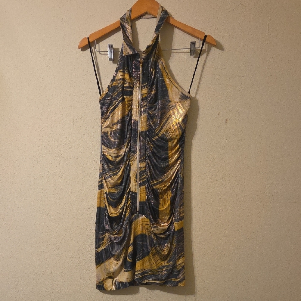 Ju-Ju-Be Gold and Blue Ruched Halter Mini Dress